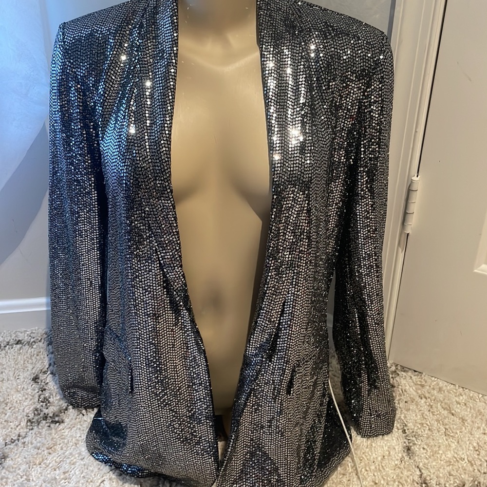 TAHARI SILVER BLACK METALLIC SEQUIN BLAZER. NWT SZ 6